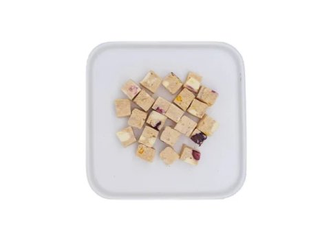 Freeze-dried chicken, cheese, and cranberry cubes
